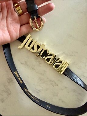 Just Cavalli Black Leather Belt with Gold Logo Plaque